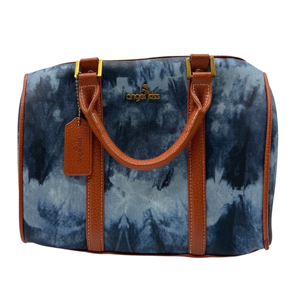 Angel Kiss Satchel Handbag Blue Tie Dye Denim Print Cognac Brown Trim Gold Tone